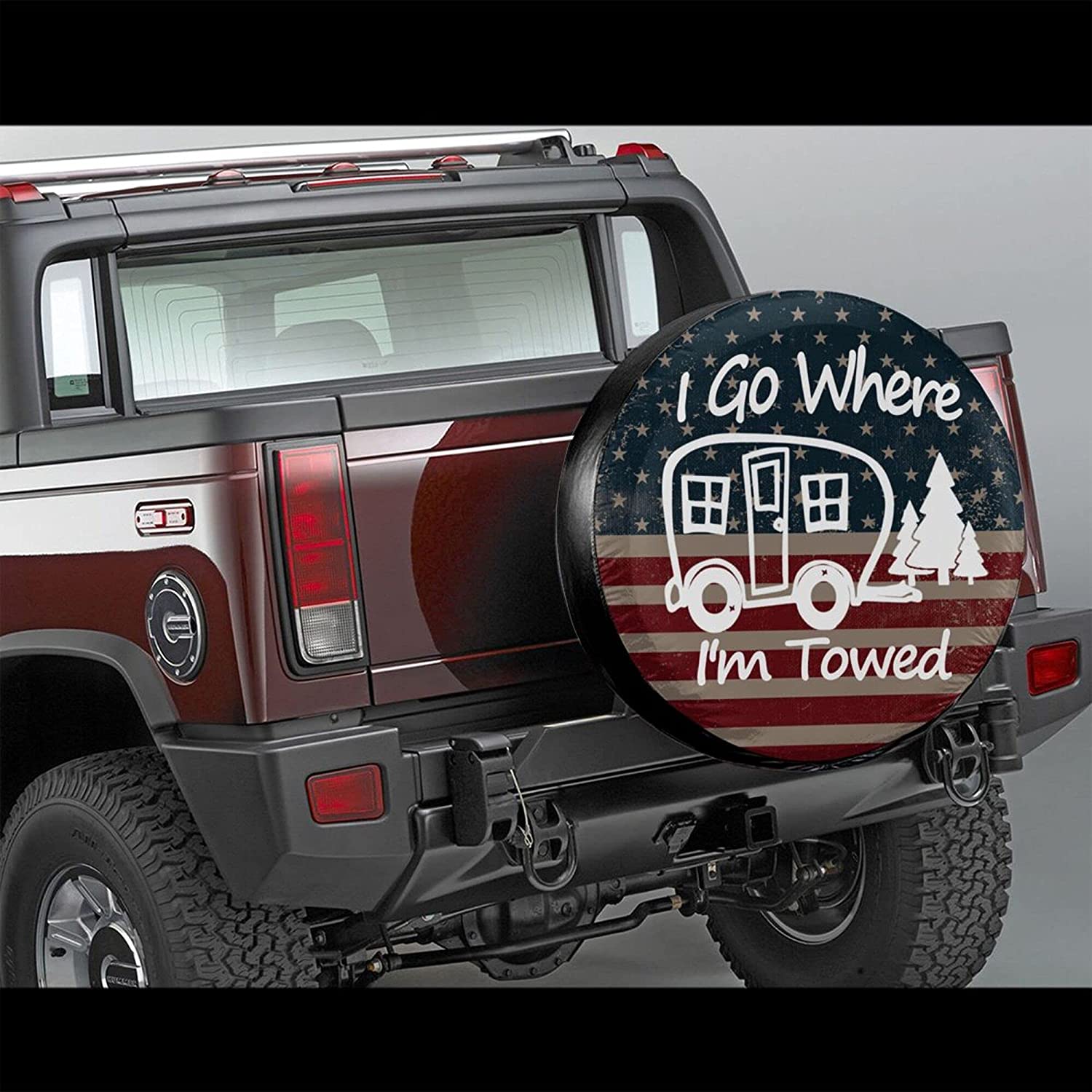 I Go Where I'm Towed American Flag Spare Tire Cover Waterproof Dust-Proof Universal 15 Inch Wheel Camper Spare Tire Cover Fit for RV Trailer Truck Jeep SUV Rav4 Motorhome Travel Trailer Accessories
