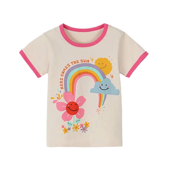 Hienoo Toddler Girls Rainbow Print Short Sleeve T-Shirt Summer Round Neck T Shirt Kids Tee