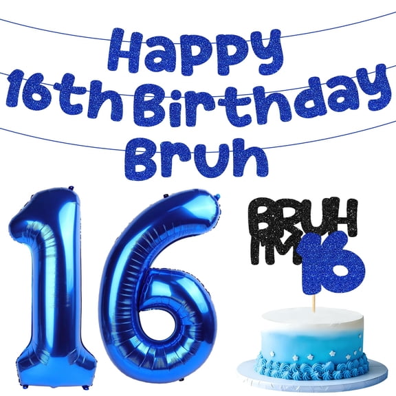 16th Birthday Party Decorations for Boys,16th Bday Party Supplies | Pre-Strung Blue Banner, 32Inch Foil Balloons, Cake Toppers, 6Pcs Bday Kit Background, Indoor & Outdoor Use