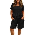 thumbnail image 3 of AHTJRT Cotton Linen Set for Women Lightweight Casual Outfits Dressy Crewneck Short Sleeve Top and Loose Shorts Black L, 3 of 7