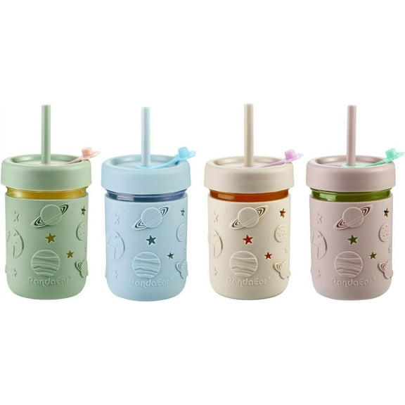 PandaEar 4 Pack Kids & Toddler Glass Cups, Glass Mason Jar Cups 8.45 oz with Silicone Sleeves & Straws, Toddler Spill-Proof Smoothie Cups