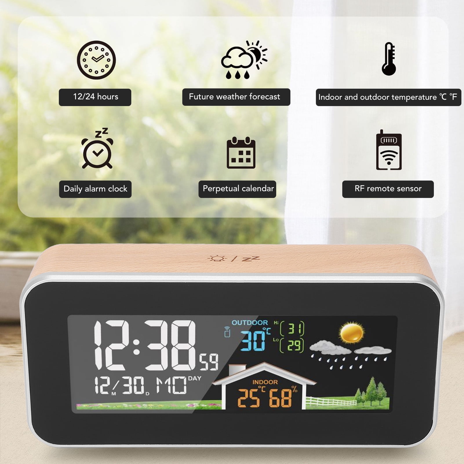 BIMZUC Weather Forecast Clock Wireless Indoor Outdoor Digital Thermometer Humidity Monitor with LCD Color Display, Weather Station with Beech Wood 8.6 inches / 22 cm