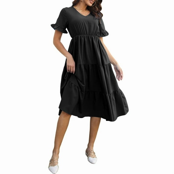 Women'S Casual V-Neck Ruffle Short Sleeve Dress A-Line Flowy Midi Dresses Black S