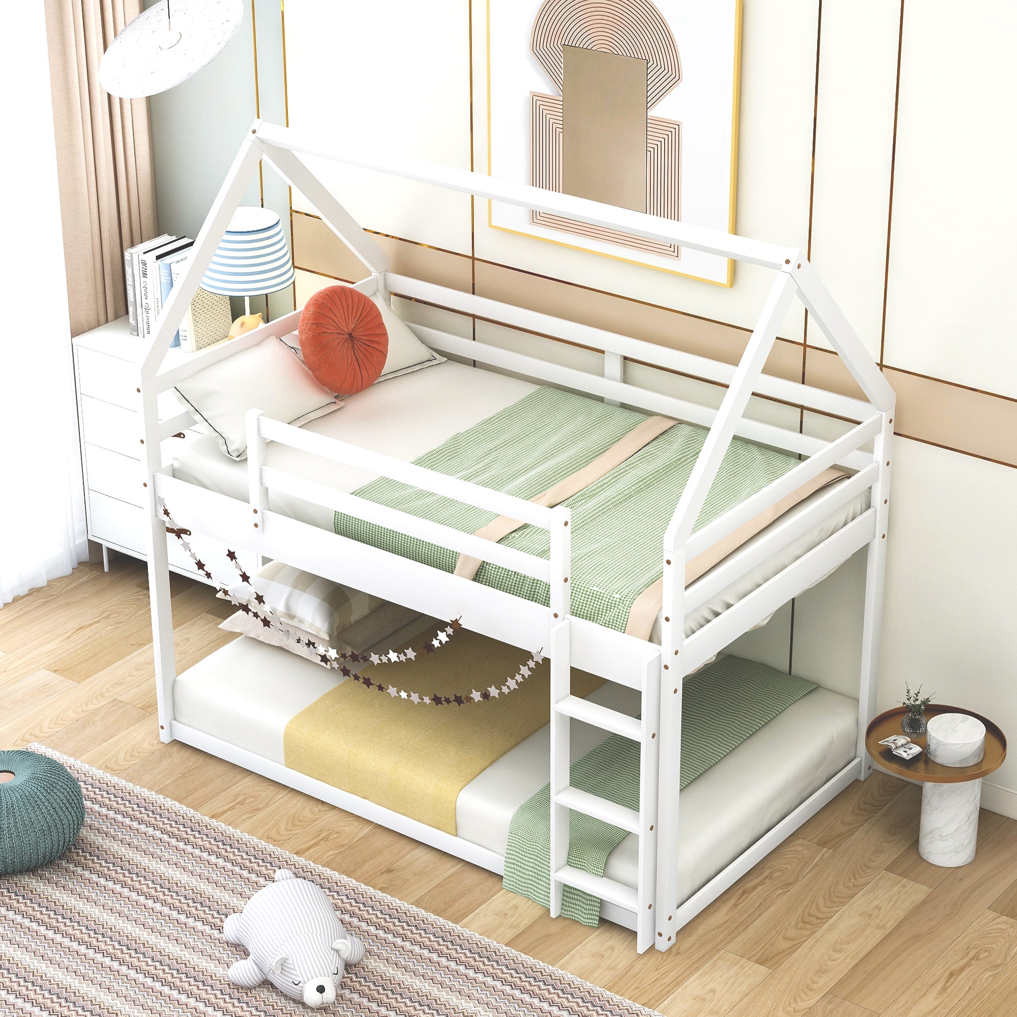 Aukfa Low Bunk Bed, Twin-Over-Twin House Bed Frame for Kids with Stair - White