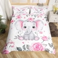 thumbnail image 2 of Elephant Twin Bedding Set Grey Leaves Pink Rose Flower Comforter Cover Kawaii Room Decor,Cute Floral Animal Duvet Cover,Plant Wildlife Bedspread Cover 1 Pillow Case（No Comforter）, 2 of 5