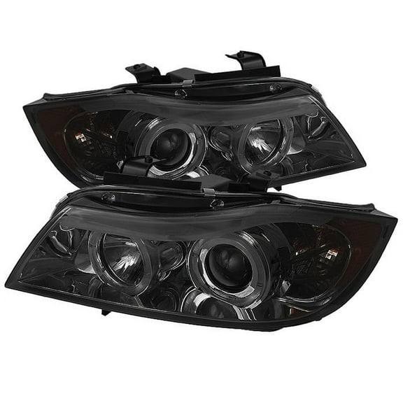 Spyder BMW E90 3-Series 06-08 4DR Projector Headlights - LED Halo - Amber Reflector - Replaceable Eyebrow Bulb - Smoke- High H1 (Included) - Low H7 ( Fits select: 2007-2008 BMW 328, 2006 BMW 325