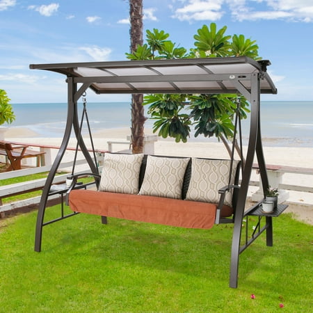 Ulax Furniture 3 Person Outdoor Porch Swing Patio Hammock Swing Glider Bench with Convertible Canopy Solar Light and Sunbrella Pillows