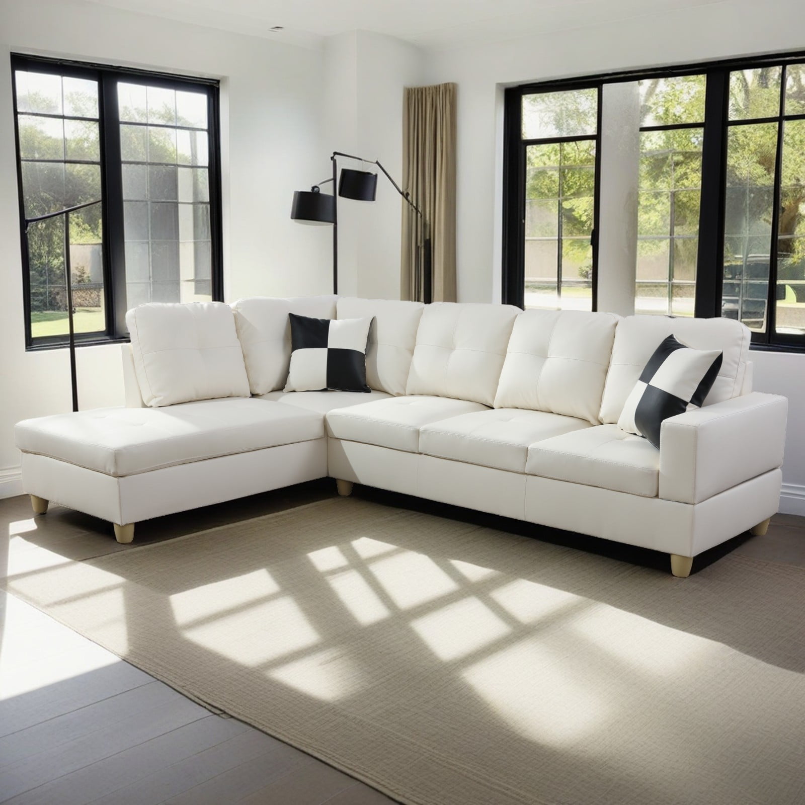 Hommoo Semi PU Leather Sectional Sofa, L Shaped Couch,Sectional Sofa Set for Small Space Living Room, White(Without Ottoman)