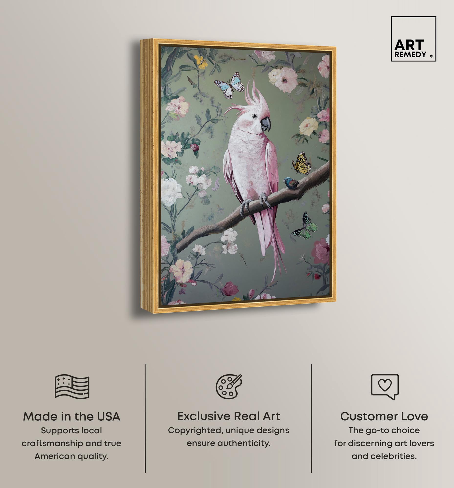 Rose Plume II Canvas Bird Maximalist by Art Remedy, Gold Frame, 10" x 15"