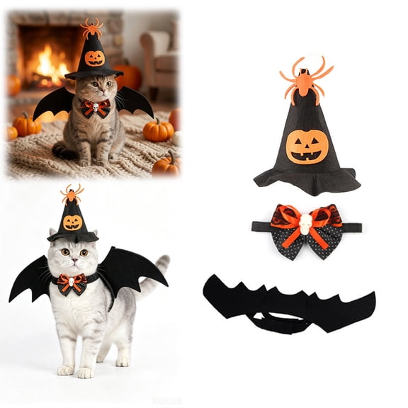 Cat Costume, Cat Clothes, Kitten Clothes - 3Pcs Pet Witch Hat Set with Bandana & Bat Wings for Halloween Party (Small)