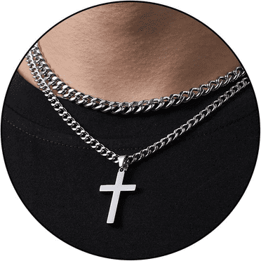 APSVO Valentines Day Jewelry Gifts for Men Boys Teen Him Dad Son Boyfriend Silver Cross Necklaces Stainless Steel Cross Pendant Chain Adults Kids Catholic Religious Christian Birthday