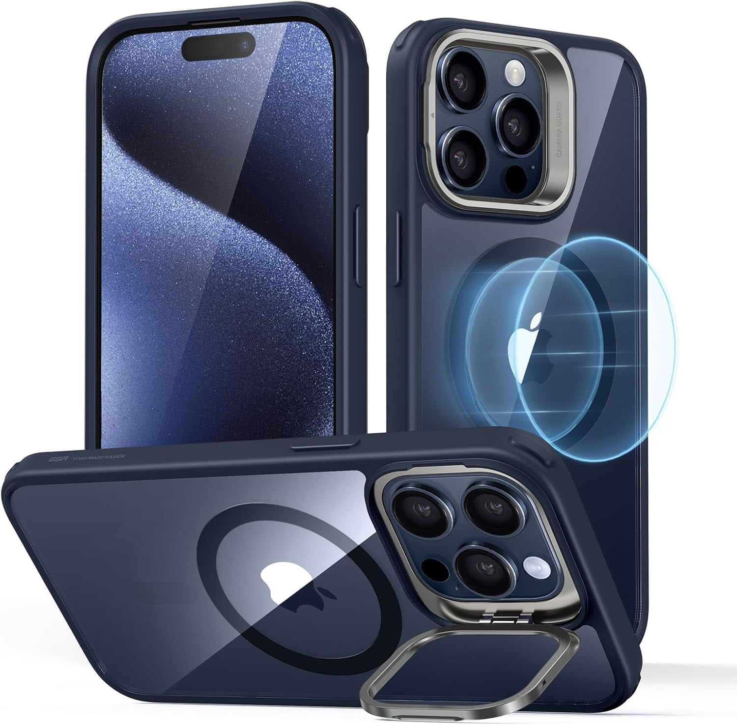 RGHJAR-ESR for iPhone 15 Pro Max Case, Compatible with MagSafe, Military-Grade Protective Case, Built-in Stash Stand Phone Case, Scratch-Resistant Back Cover, Classic Series,Clear Dark Blue