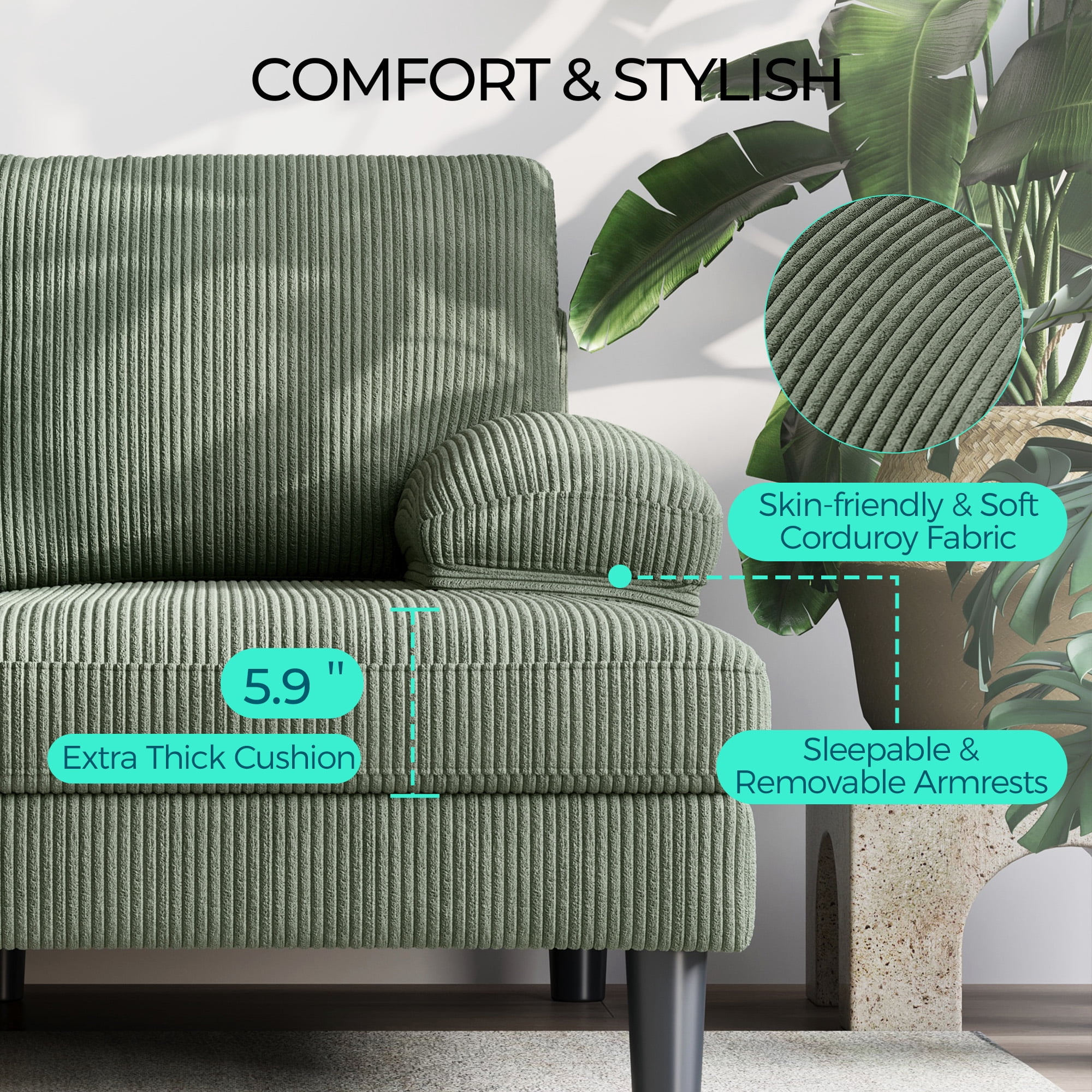 Linsy Home Sectional Sofa for Living Room, U-Shaped Sofa Couch with Corduroy Fabric, 4 Seat Sofa Set with Double Chaise for Apartment, Army Green