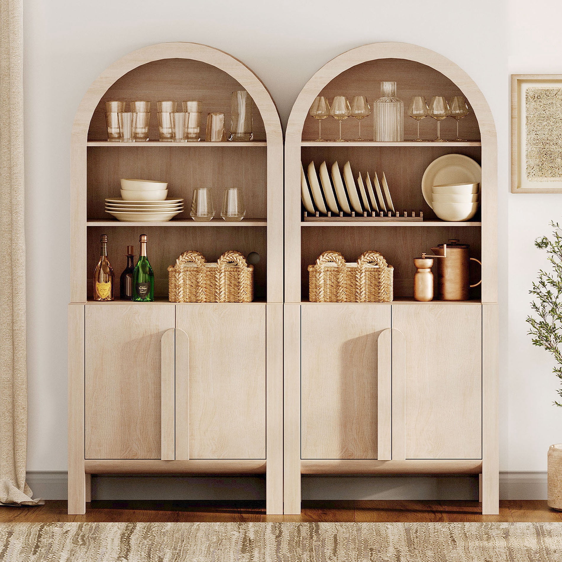 71" Tall Arched Kitchen Pantry Cabinet Set of 2, Wood Bookcase Display Cabinet With Doors And Adjustable Shelves, Mid-Century Modern Versatile Cupboard For Dining Room, Bedroom
