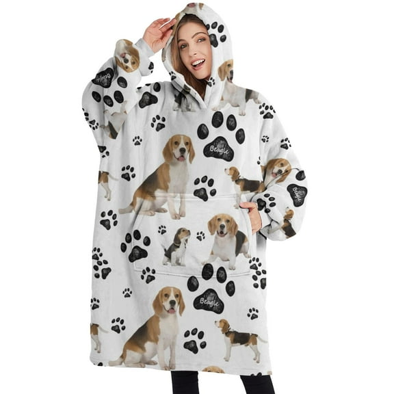 Oversized Wearable Blanket Hoodie,Beagle Dog and Footprints Sherpa Blanket Hoodie with Super Pockets,Super Warm Fuzzy Pullover for Women & Men