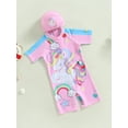 thumbnail image 3 of Toddler Kids Baby Girls One Piece Swimsuit Unicorn Print Short Sleeve Zip Up Rashguard Swimwear Bathing Suit with Hat, 3 of 6