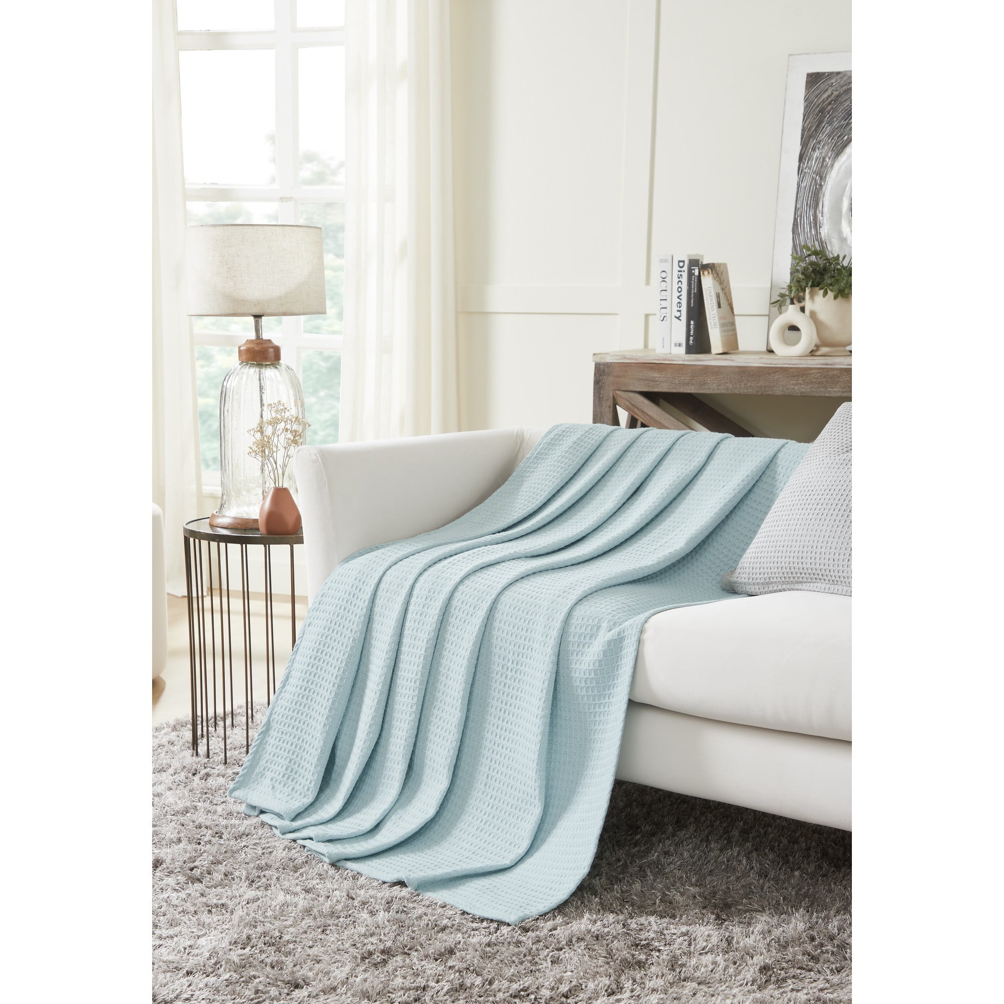 Better Trends All Season Full/Queen Size Blanket 100% Cotton Waffle Weave Blanket for Couch Lightweight & Breathable, Soft Blanket (90"x 90") Light Blue Janiya Collection