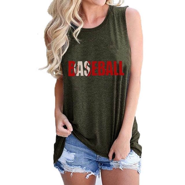 LSLJS Women Spaghetti Strap Tank Tops Ladies Summer Fashion Solid Color Baseball Print Pattern Sleeveless Vest Top T-shirt