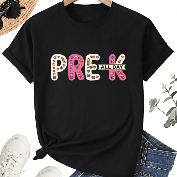 Simple Pre-K All Day Preschool Teacher T-Shirt for Women, 100% Cotton Crew Neck Short Sleeve Shirt, Floral Letter Graphic