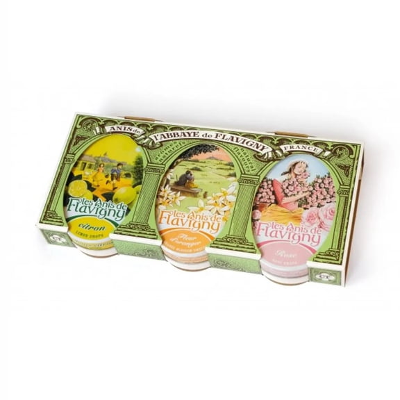 Les Anis De Flavigny Abbaye de Flavigny 3 Tin Gift Set Lemon, Orange, Rose — 3 X 1.8oz French Mints MADE IN FRANCE