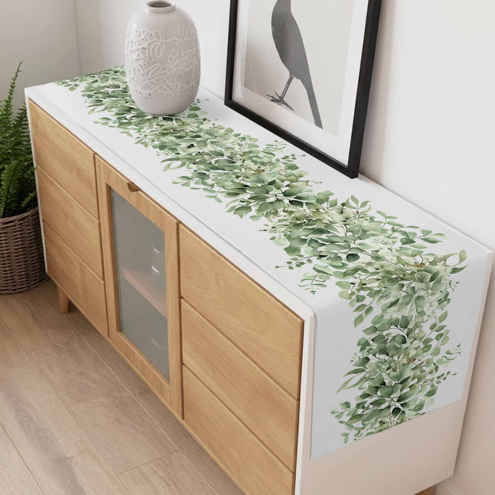 Spring Botanical Cotton Linen Table Runner Green Eucalyptus Leaves Dining Table Runners for Home Decor Party Dining Room Restaurant Kitchen 13" x 90"