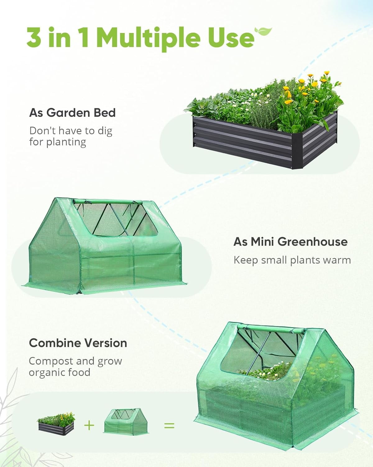 Quictent 4x3x1 ft Raised Garden Bed Extra-Thick Galvanized Steel Garden Bed Planter Kit Box with Greenhouse