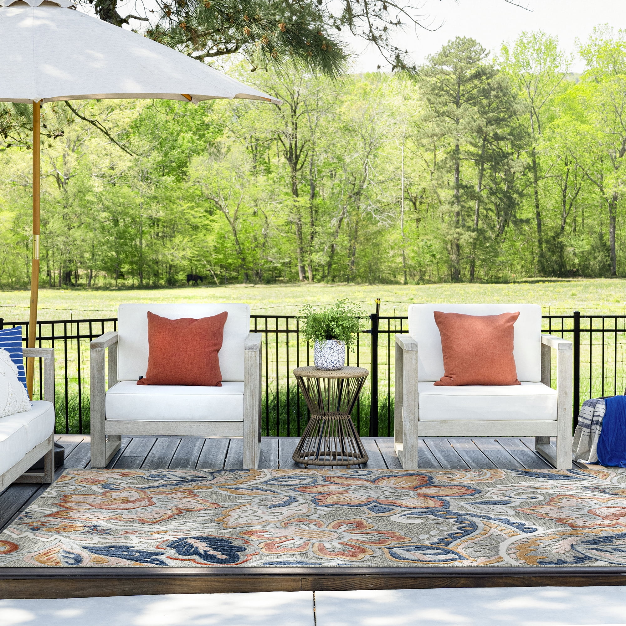 8x10 Water Resistant, Large Indoor Outdoor Rugs for Patios, Front Door Entry, Entryway, Deck, Porch, Balcony | Outside Area Rug for Patio | Gray, Floral | Size: 7'7'' x 10'3''