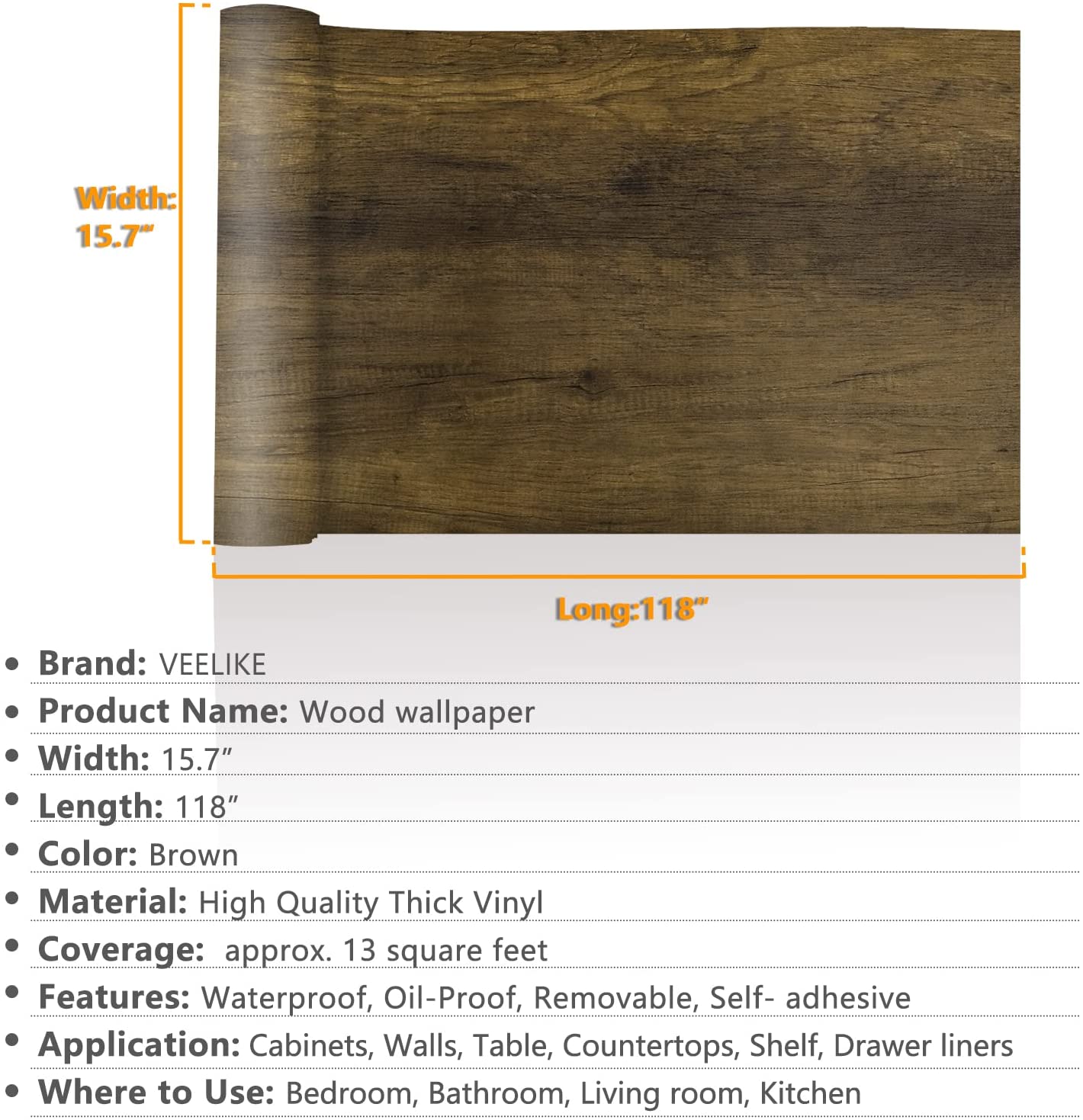 VEELIKE 15.7''x354'' Brown Wood Wallpaper Peel and Stick Wallpaper Wood Grain Contact Paper for Countertops Waterproof Self Adhesive Wood Look Wall Paper for Kitchen Cabinets Walls Furniture Doors