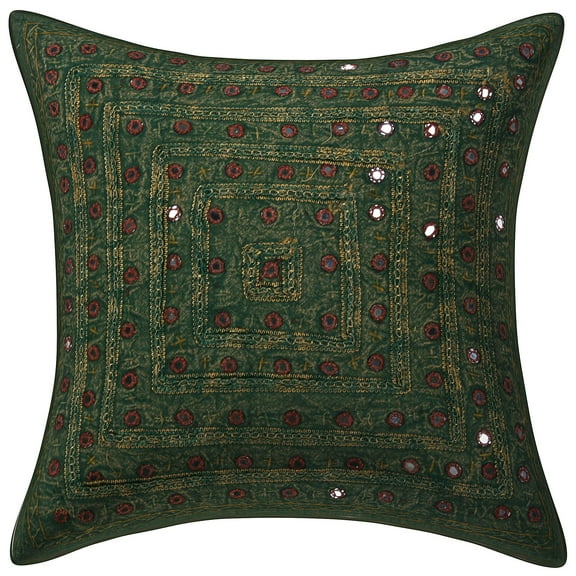Stylo Culture Indian Couch Throw Pillow Cover Boho Embroidered 16 x 16 Mirrored Green Bohemian 40x40 cm Bed Room Cotton Geometric Square Cushion Cover | 1 Pc