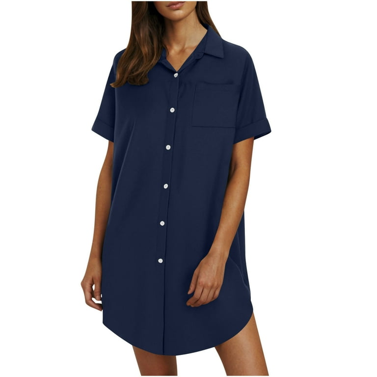 Axiiglly Shirt Dresses for Women Soft Cotton Linen Dress Summer Short  Sleeve Shirt Dresses Casual Button Down Mini Dresses with Pockets