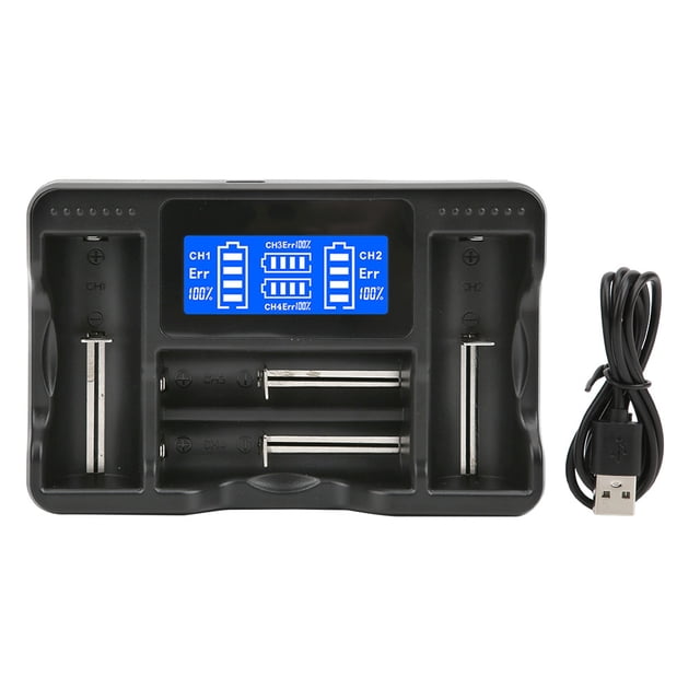 Cargador de batería SEIVI negro portátil para PC, con pantalla LCD inteligente, USB, de cuatro ranuras para NiMH, NiCd, AA, AAA, Li-ion, LiFePO4, IMR, 18650, 26650 y 14500