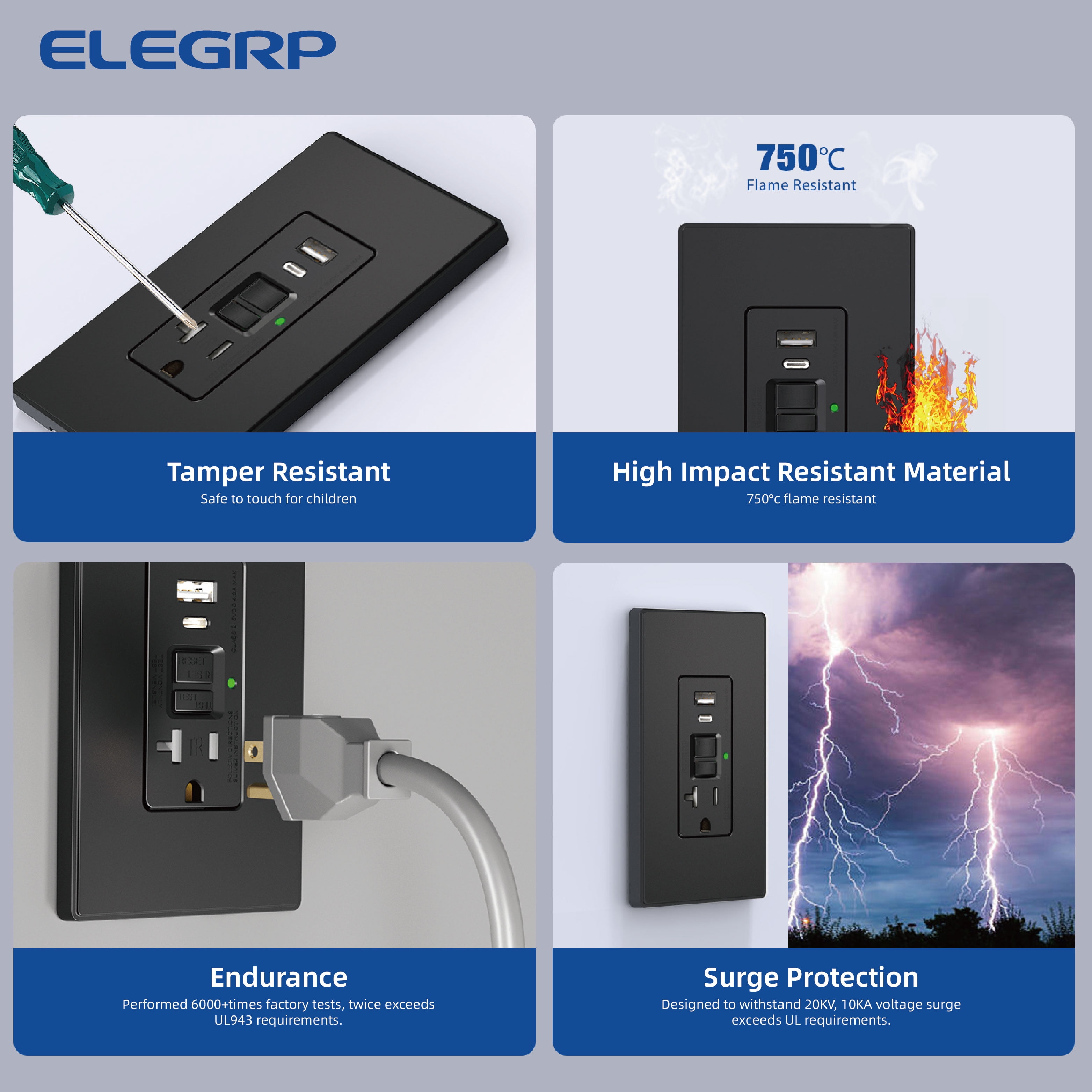 ELEGRP 20 Amp Tamper Resistant Self-Test GFCI Outlet Receptacle & 24W In-Wall USB Charger combo, Type A & Type C, Midsize Screwless Wall Plate included, UL & CUL Listed, Black, 1 pack