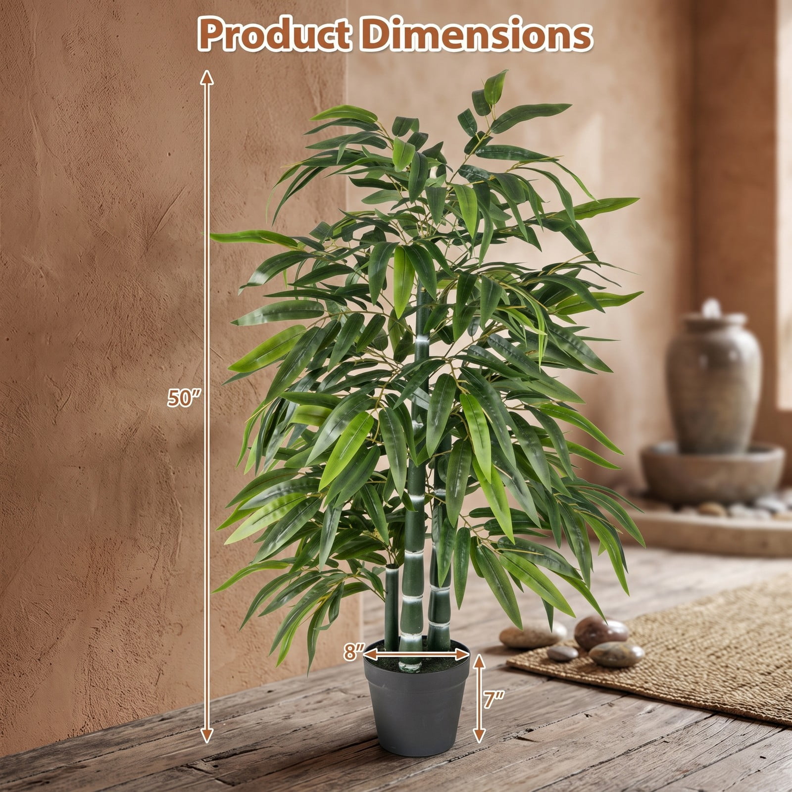 ALPULON 2 Pack Artificial Bamboo Tree 50 Inch Fake Bamboo Plant with 3 PE Trunks and Weighted Cement Base for Indoor Home Office Floor Decor, Green