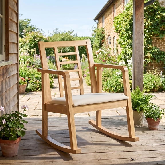 Costway 1 PCS Wooden Rocking Chair 400 LBS Solid Rubber Wood Rocker with Fabric Upholstered Seat Natural and Beige