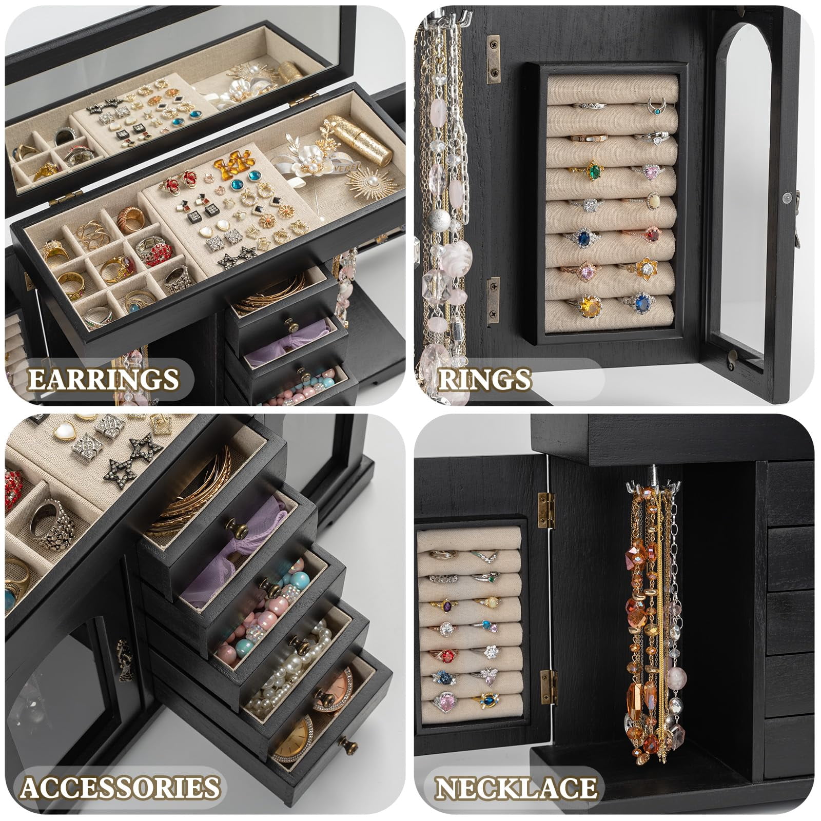 Sfugno Jewelry Box for Women Girls, Wooden Jewelry Organizer Box with Mirror, 5 Layer Jewelry Storage Case,Black