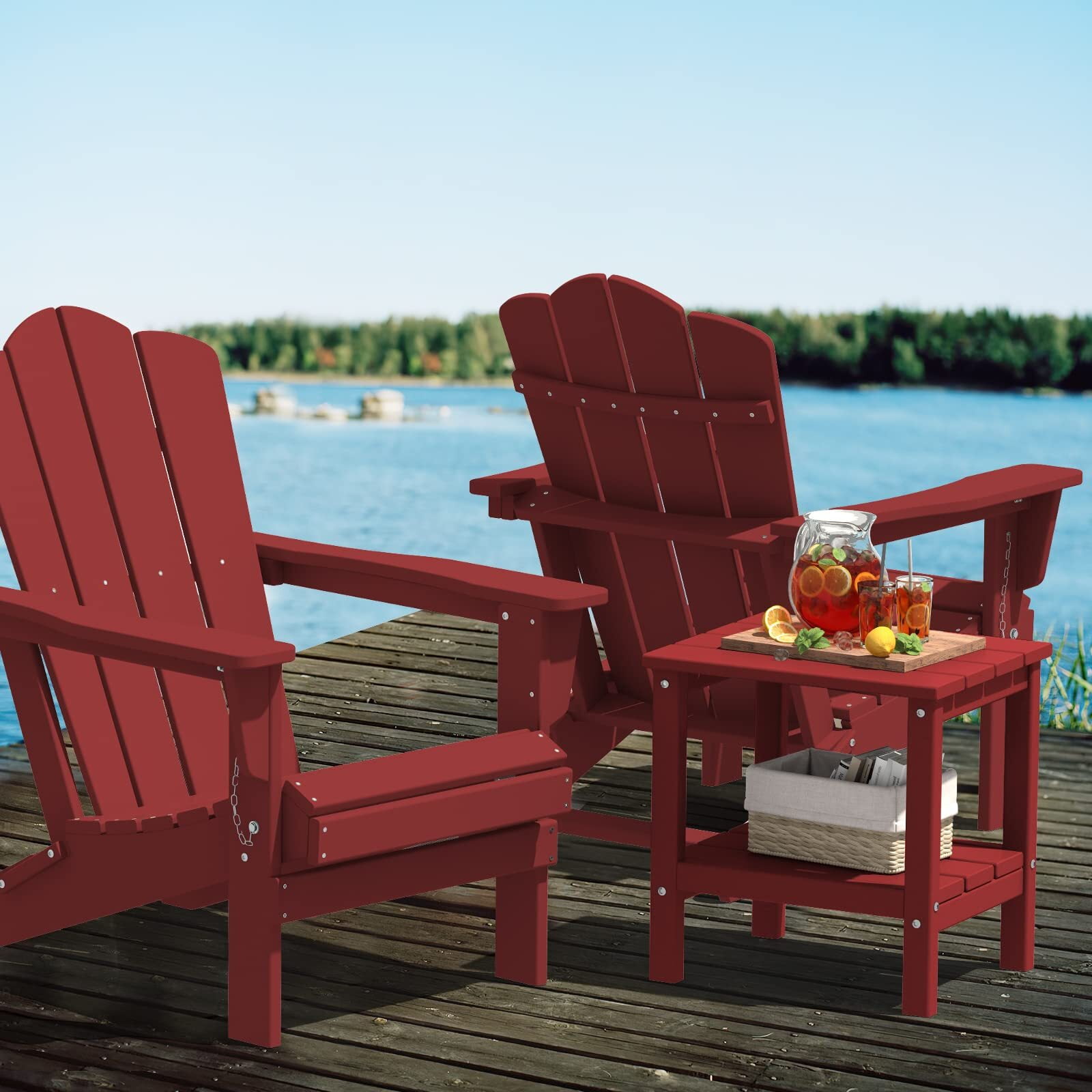 Outdoor Side Table, HDPE 2Layer Patio End Table, 18"x14.5"x18", Red