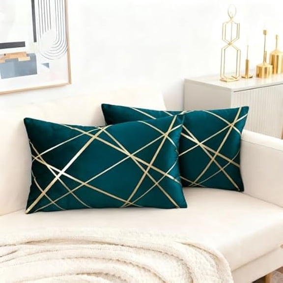 Eryueer Rectangle Cushion Covers Velvet Decorative 30 x 50 cm Teal Throw Pillow Covers Gold Striped Cushion Case Soft Lumbar Couch Pillowcases for Sofa Living Room Bedroom Sets of 2