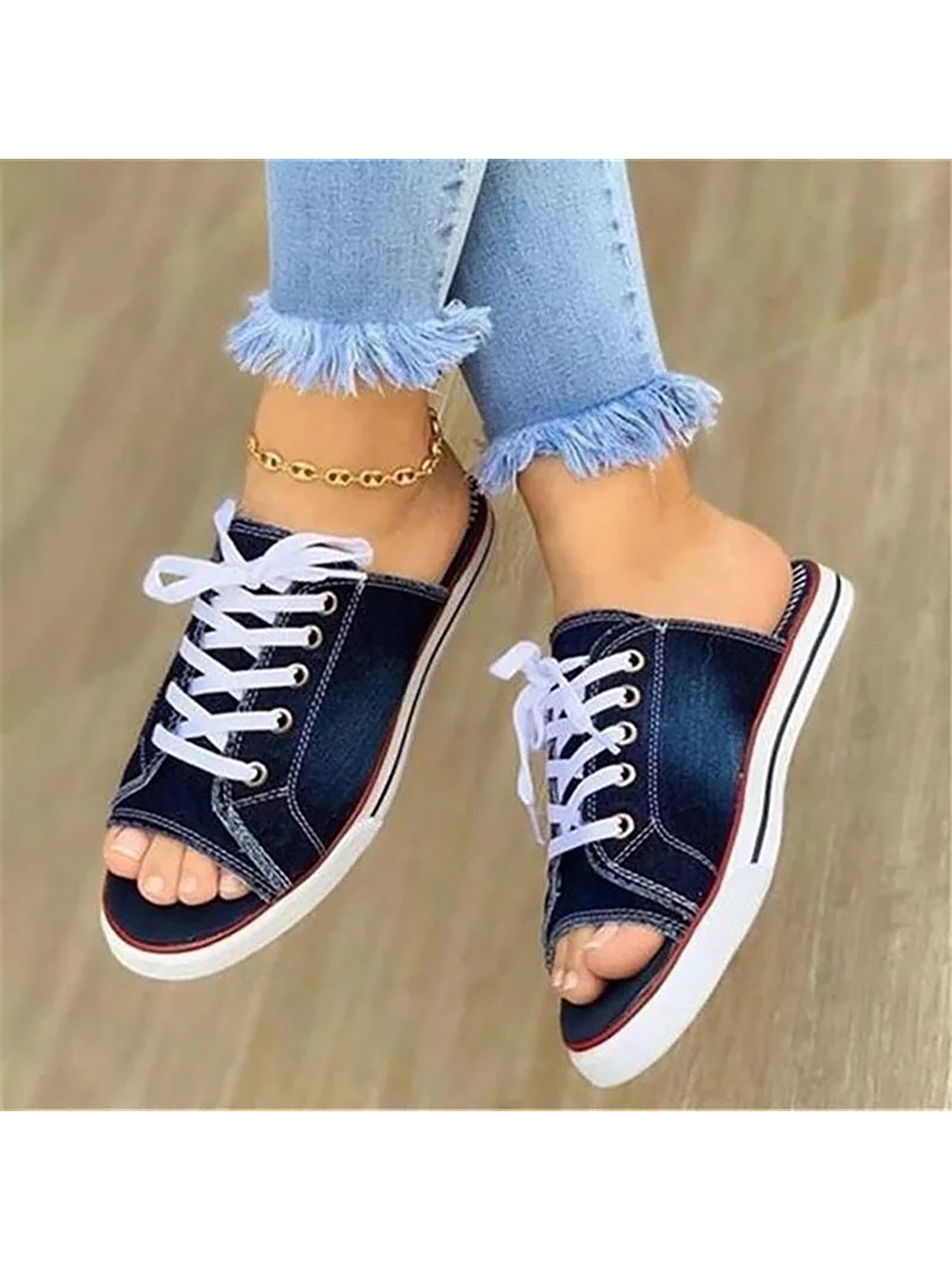 New Womens Open Toe Lace Up Hollow Denim High Top Sandals Flats Breathable Shoes 