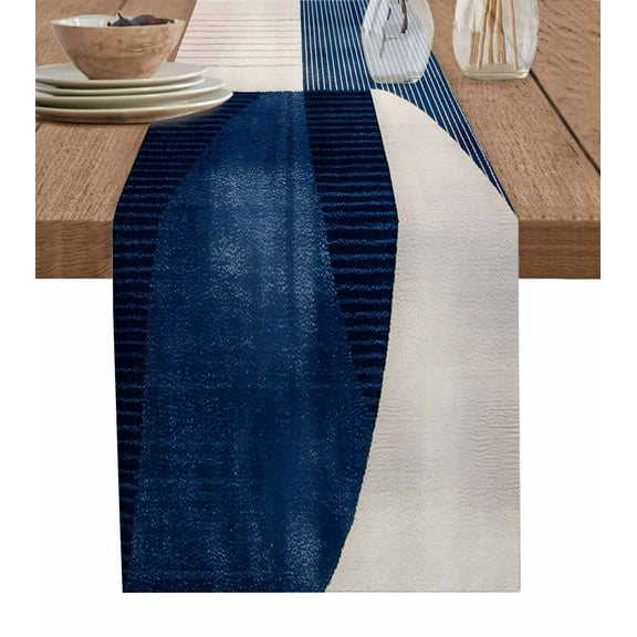Navy Blue Boho Burlap Cotton Table Runner 13x48 Inches Long, Geometric Stripe Abstract Art Farmhouse Table Runners, Outdoor Dining Tablecloths Decor for Baby Shower/Party/Wedding