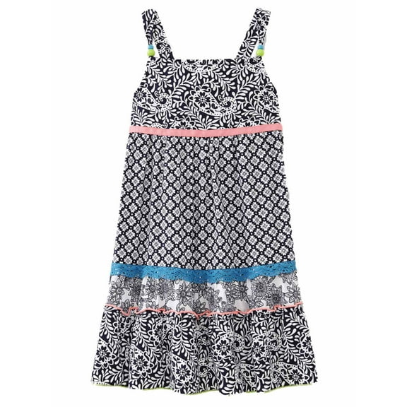 Toddler Girls Black & White Floral Print Beaded Sun Dress Sundress 4
