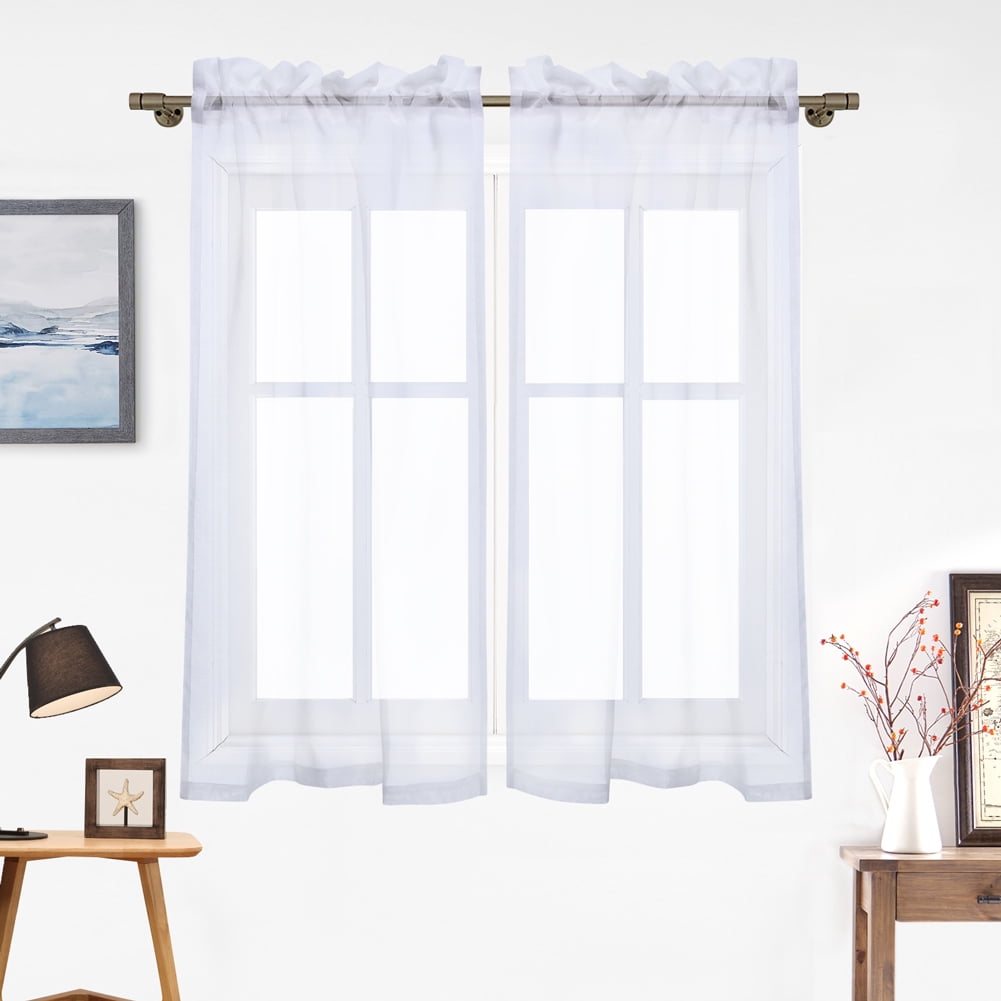 Set of 2 White Haperlare White Sheer Curtain Tiers Rod Pocket Sheer Kitchen Curtains Half Window Valances Semitransparent Voile Panel Drapes for Kitchen/Cafe 27 W x 30 L 