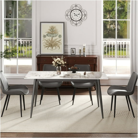 JERFIT Modern Sintered Stone Dining Table for 6, Rectangular White Pandora Top with Dark Grey Metal Legs, Waterproof Scratch Resistant
