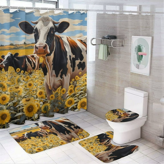 Farm Cows 4 Piece Shower Curtain Sets, with Non-Slip Rugs, Toilet Lid Cover And Bath Mat, for Bathroom DecorSet