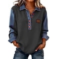 thumbnail image 3 of Women's Waffle Knit Denim Trim Collared Pullover Vintage Half Button Long Sleeve Casual Jean Tops, #02 Gray, M, 3 of 7