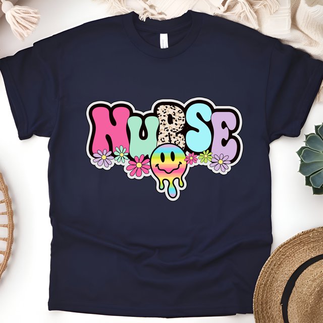 Nurse Graphic T-Shirt with Retro Pastel Letters and Smiley Design, Navy, Size M