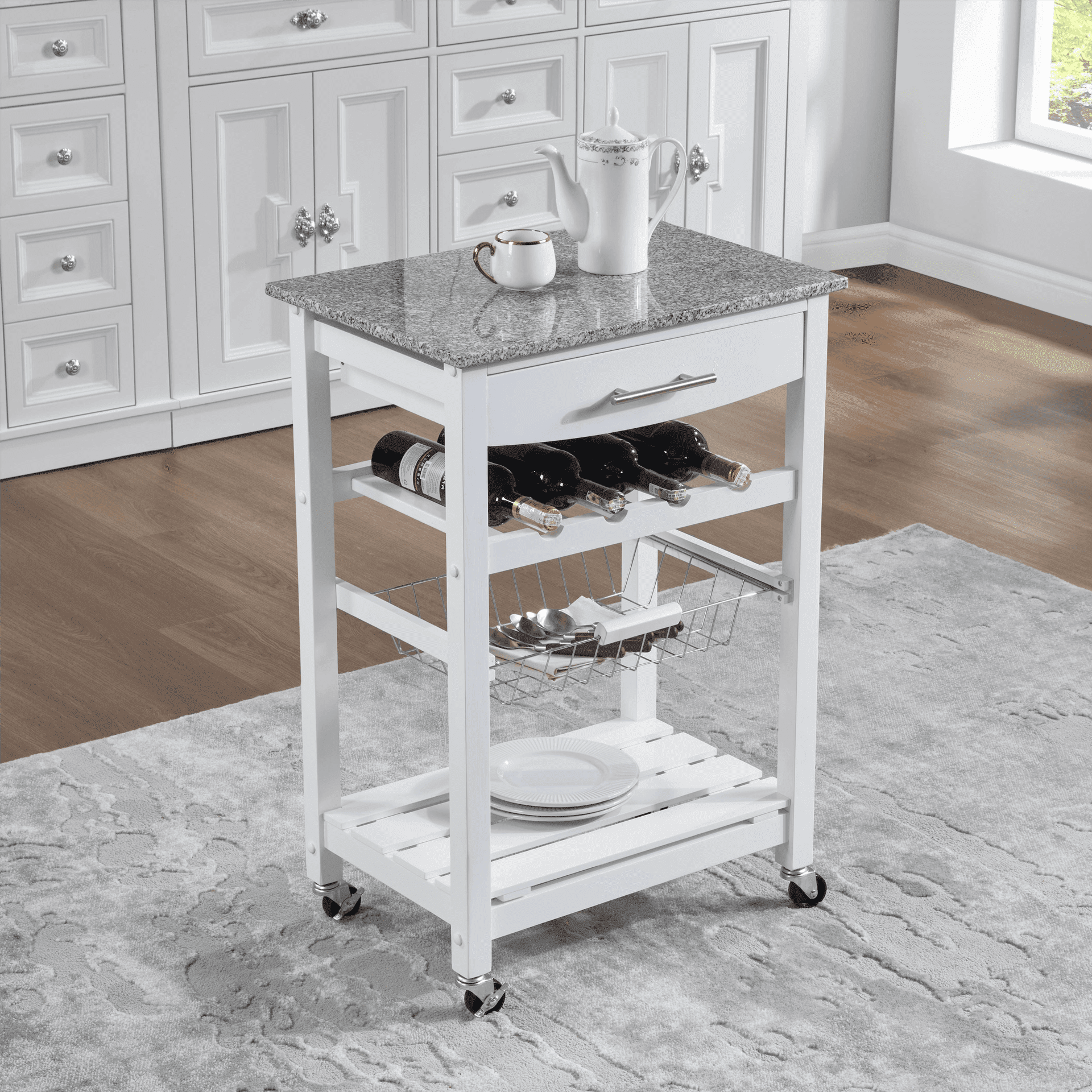 Mobile Rolling Kitchen Island Trolley Serving Cart with Underneath Drawer & Slide-Out Wire Storage Basket