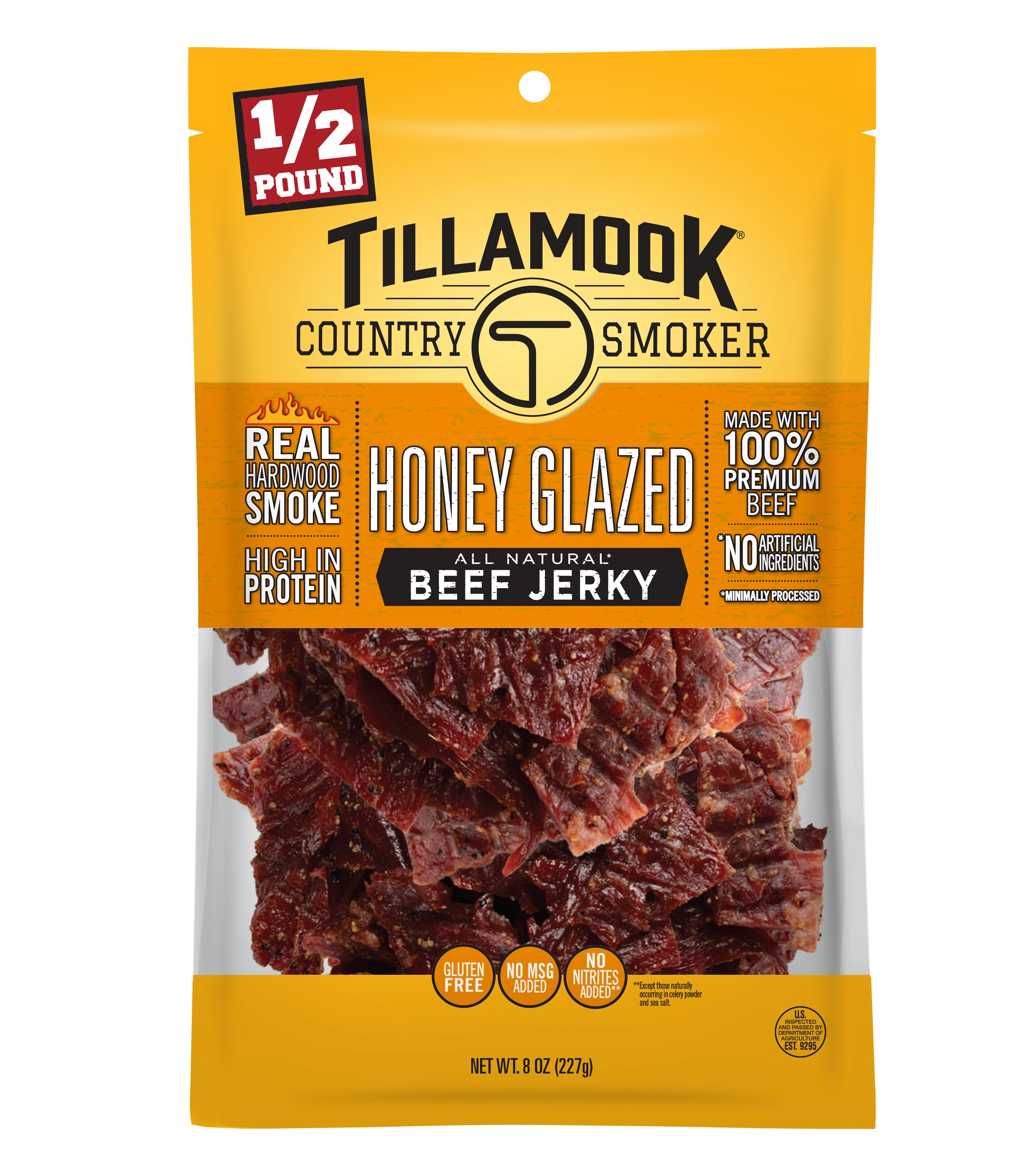 (3 pack) Tillamook Country Smoker, Real Hardwood Smoked Honey Glazed Beef Jerky, 8 oz Bag