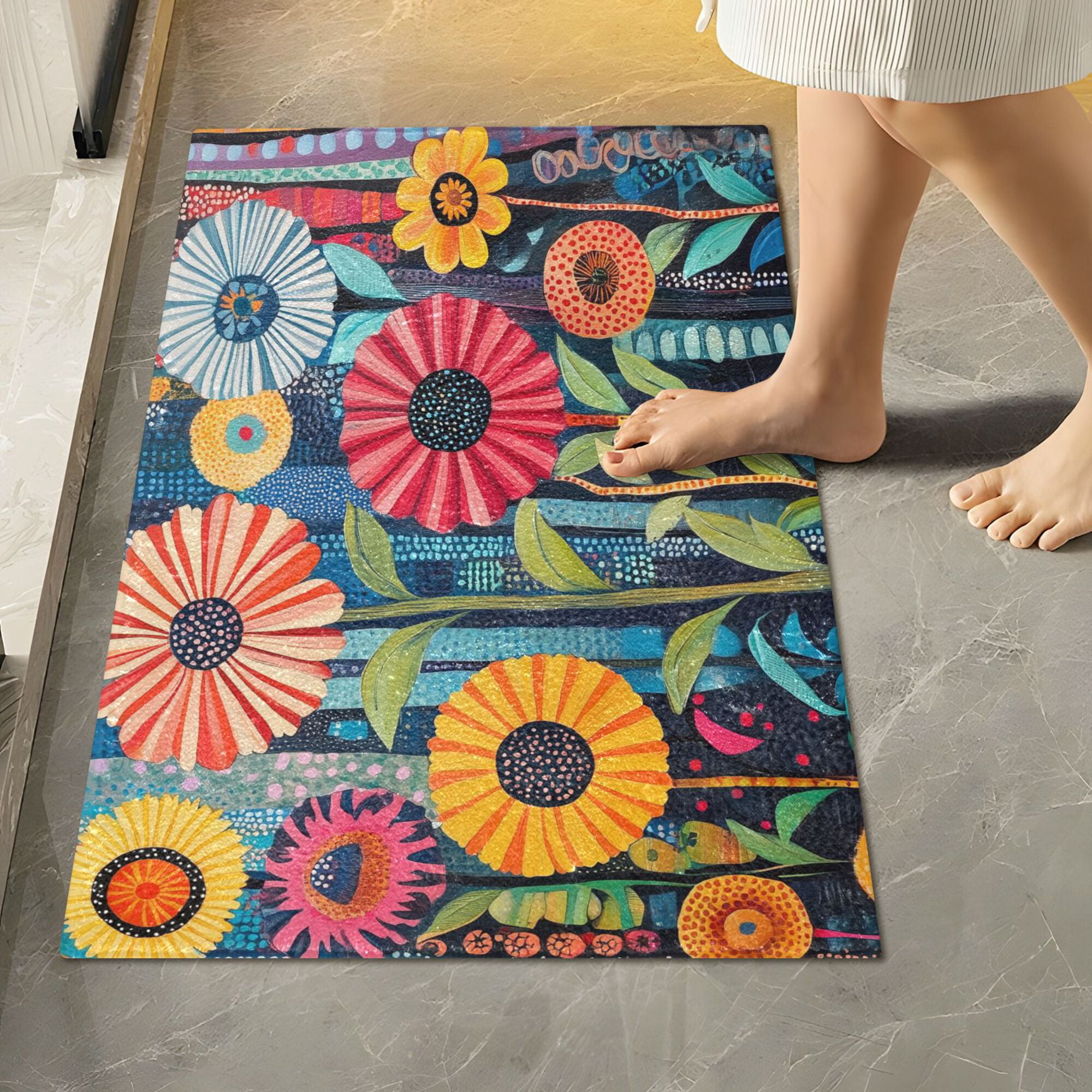 Yayeee Bath Rug for Bathroom Floor Non Slip Contour Fluffy Soft Absorbent Mat, 20"x24", Orange Colorful Flowers