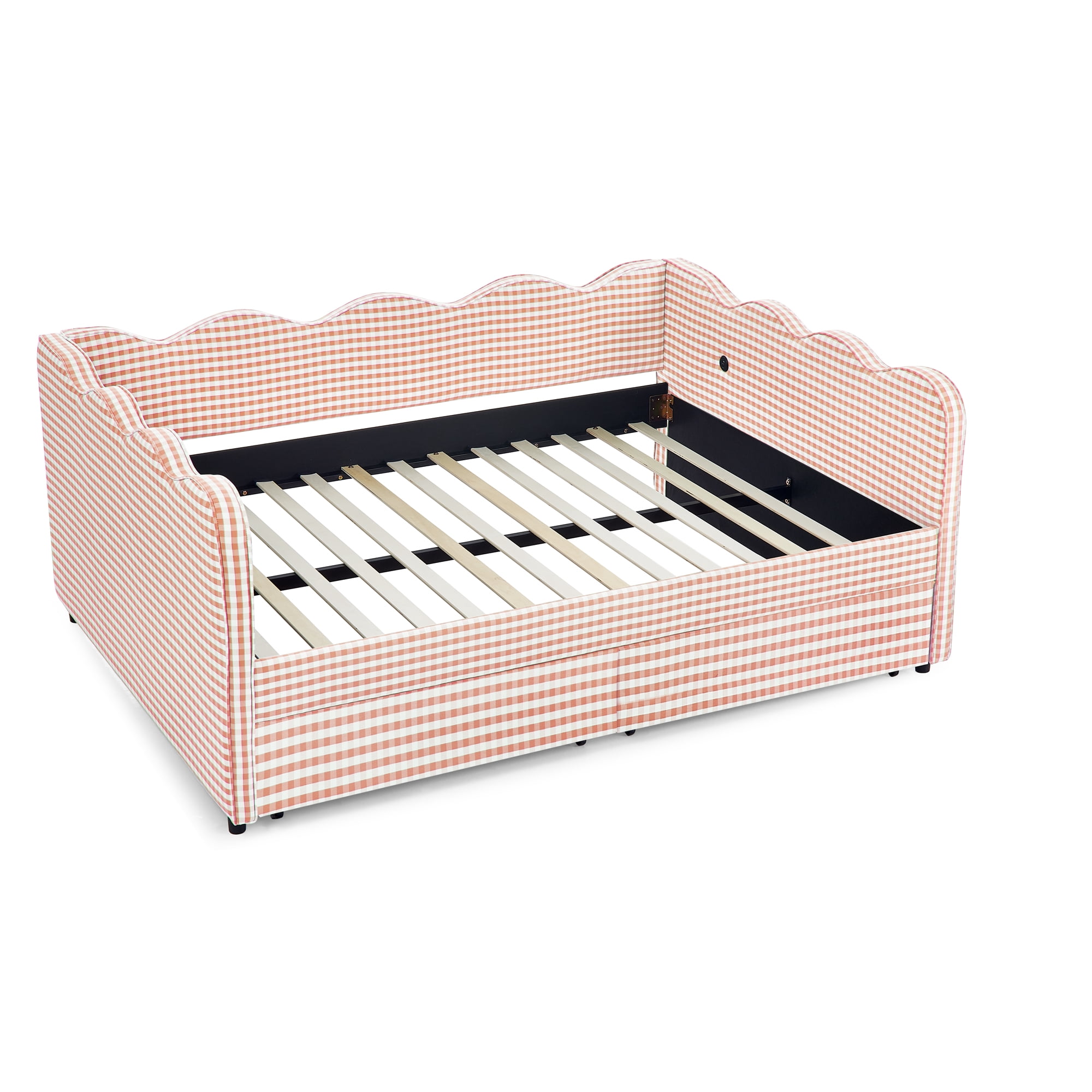 Full Size Daybed with Storage Drawers and USB Port, Upholstered Linen Sofa Bed Frame with Wave Design, Kids Guest Bed for Bedroom Living Room, Pink