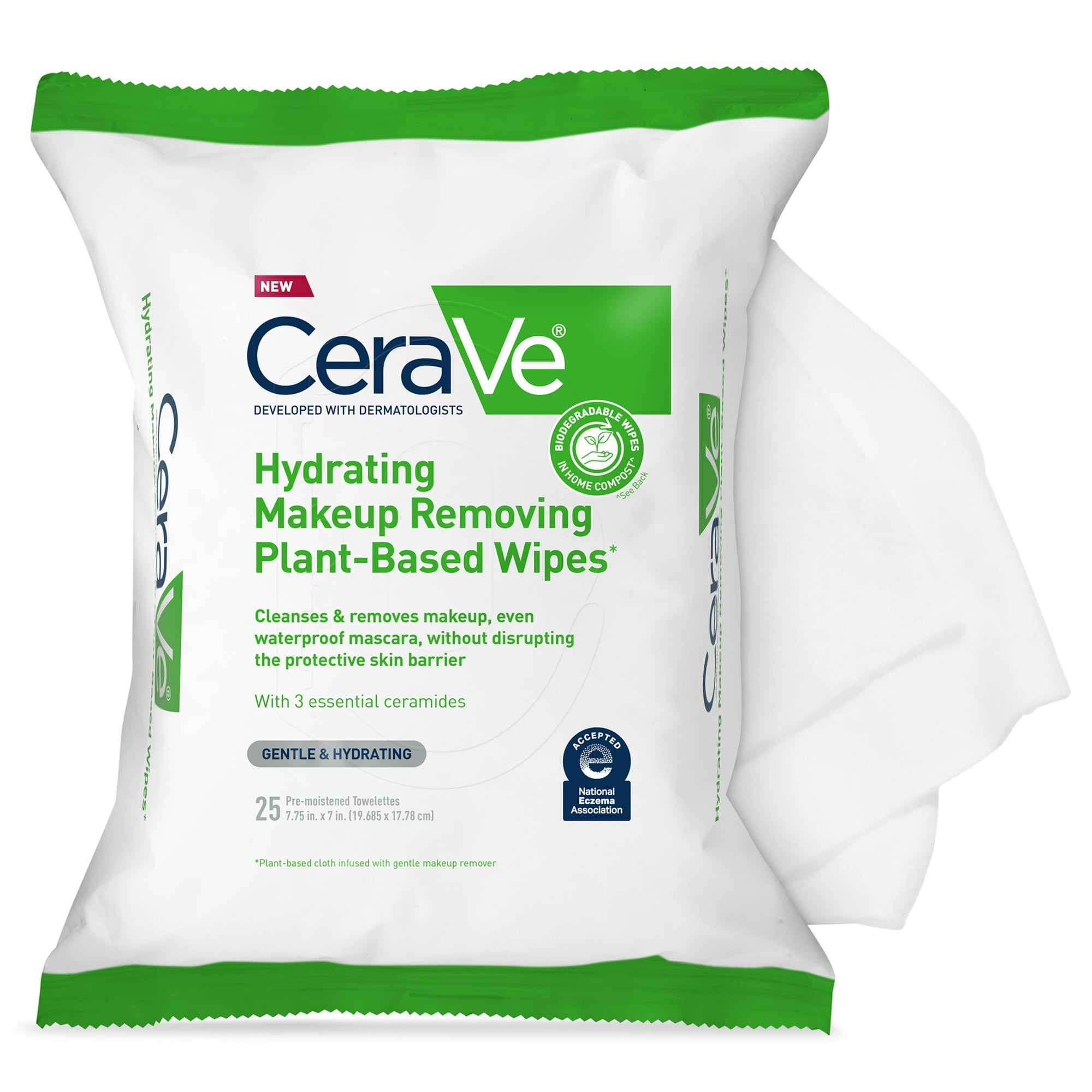 CeraVe Makeup Remover Hydrating Plant-Based Fragrance Free Non-Comedogenic Sensitive Skin Tested Biodegradable Wipes, 25 Count
